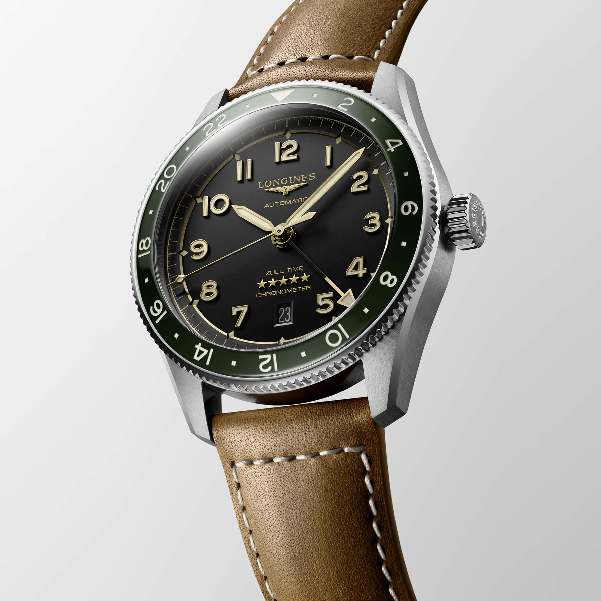 Longines Spirit Zulu Time Watch Black Dial Brown Leather Strap, 42mm