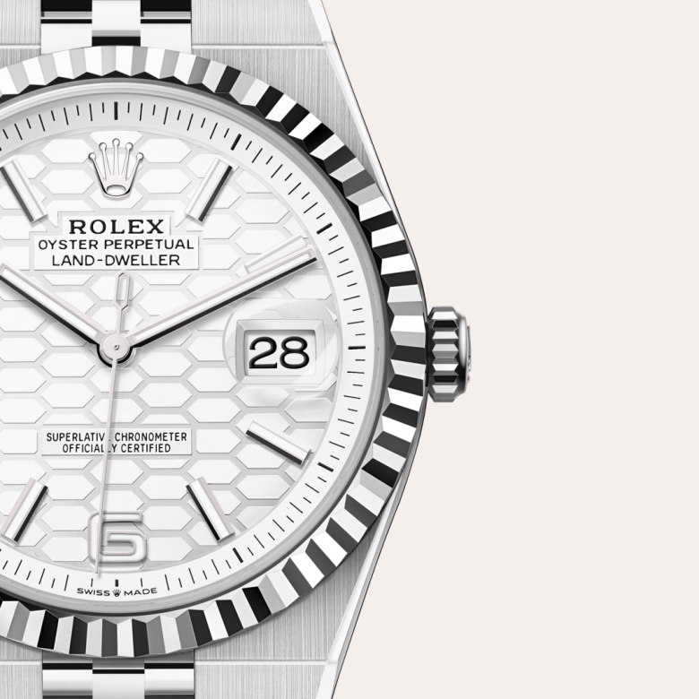 rolex land-dweller in white rolesor - combination of oystersteel and white gold, m127334-0001 - watch dial - ben bridge
