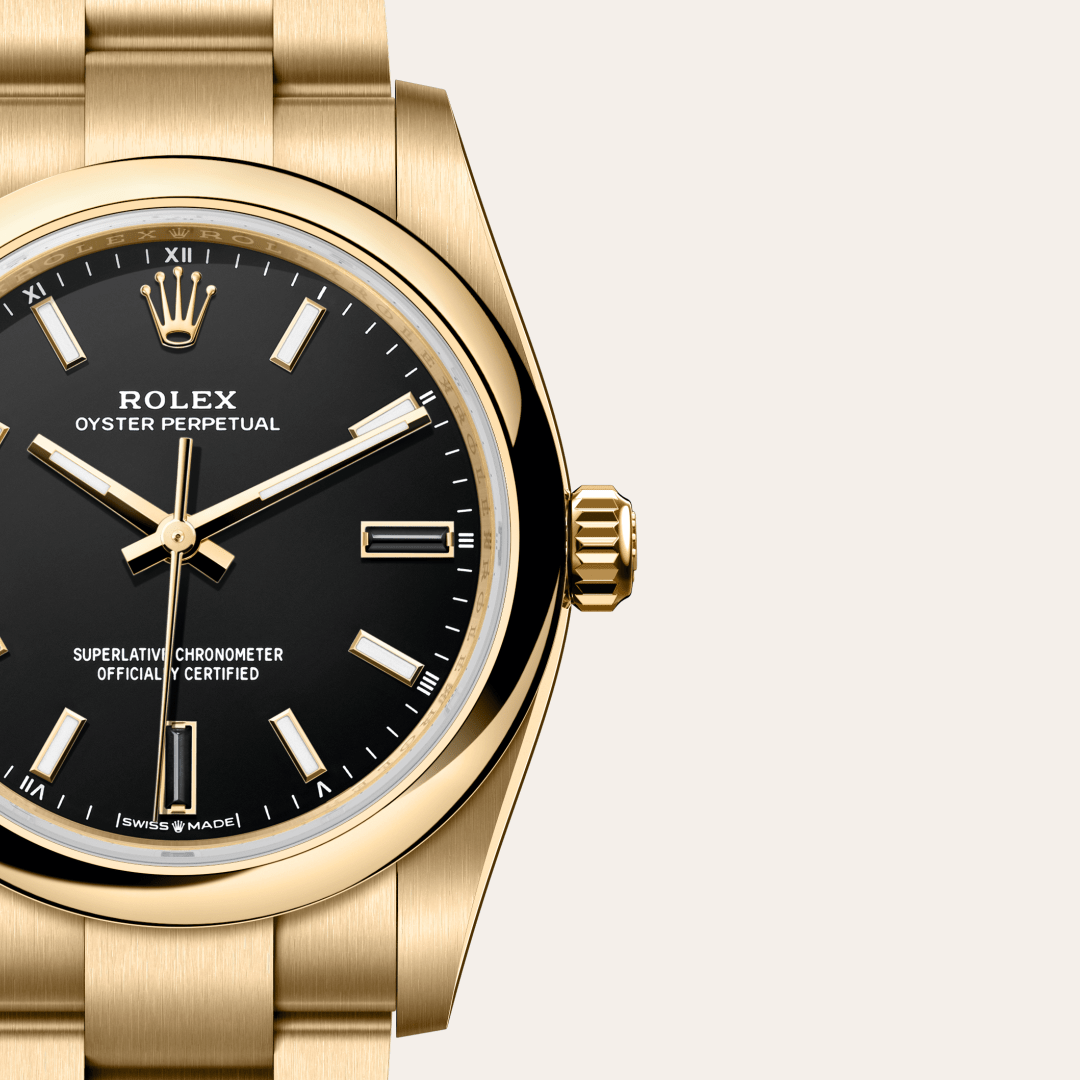 rolex oyster perpetual in 18 ct yellow gold, m124208-0001 - watch dial - ben bridge