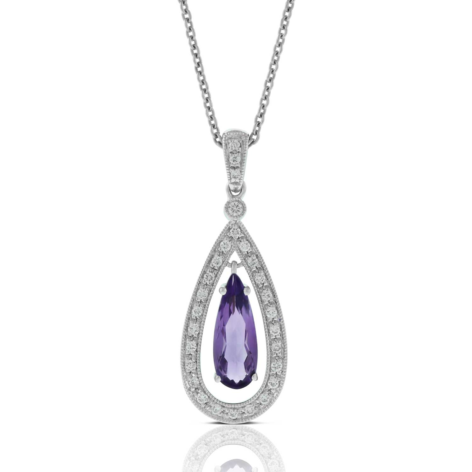 Pear Shaped Amethyst & Diamond Pendant 14K