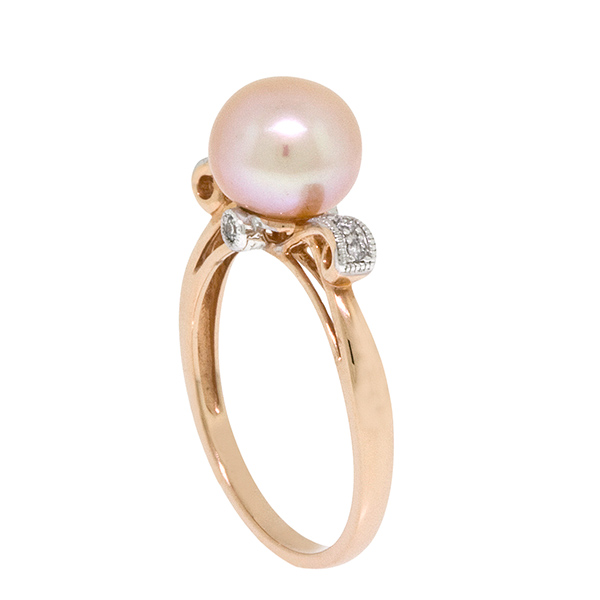 Rose Gold Pink Freshwater Cultured Pearl & Diamond Ring 14K