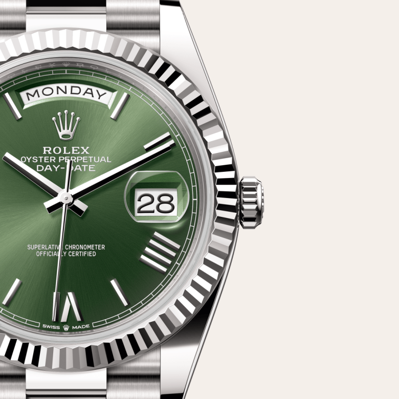 rolex day-date in 18 ct white gold, m228239-0033 - watch dial - ben bridge