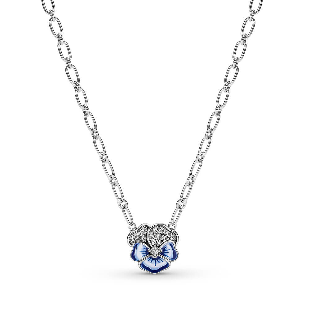 Pandora Blue Pansy Flower Enamel \u0026 CZ Pendant Necklace, 19.7\
