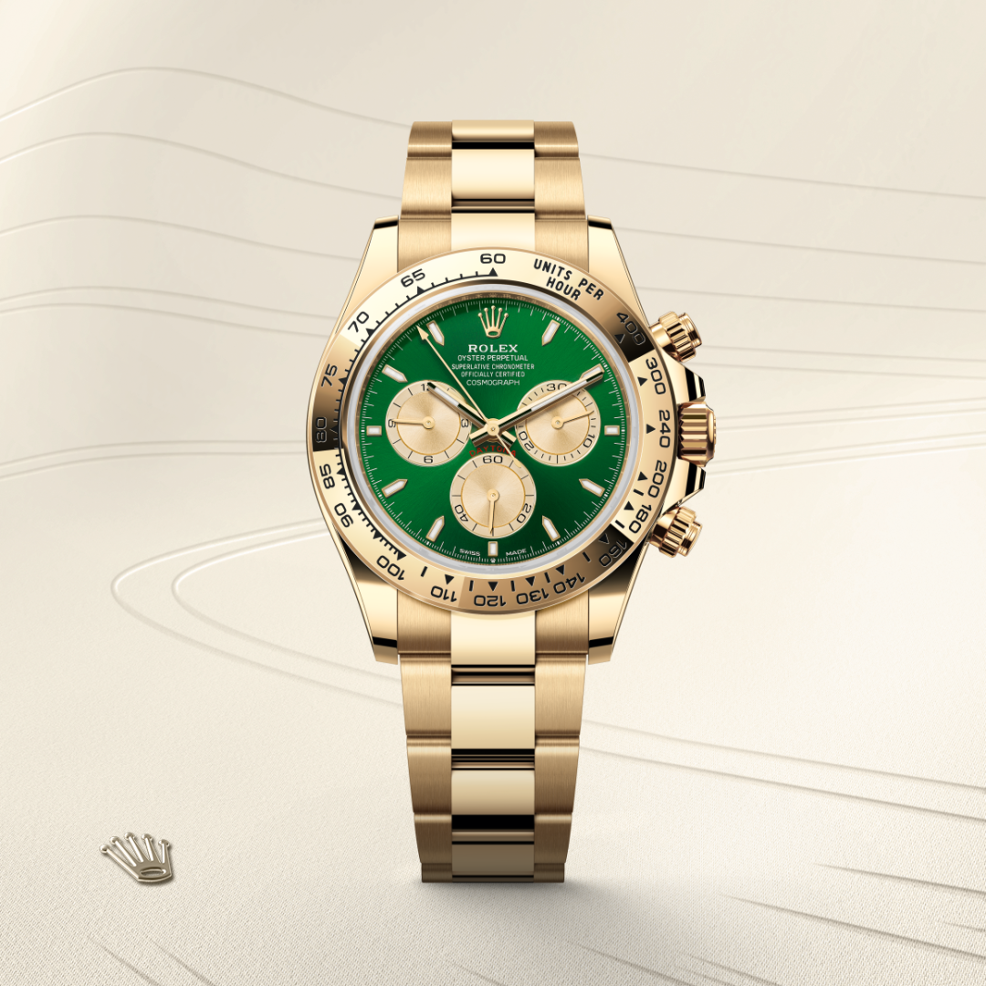 rolex cosmograph daytona in 18 ct yellow gold, m126508-0008 - watch with background color - ben bridge