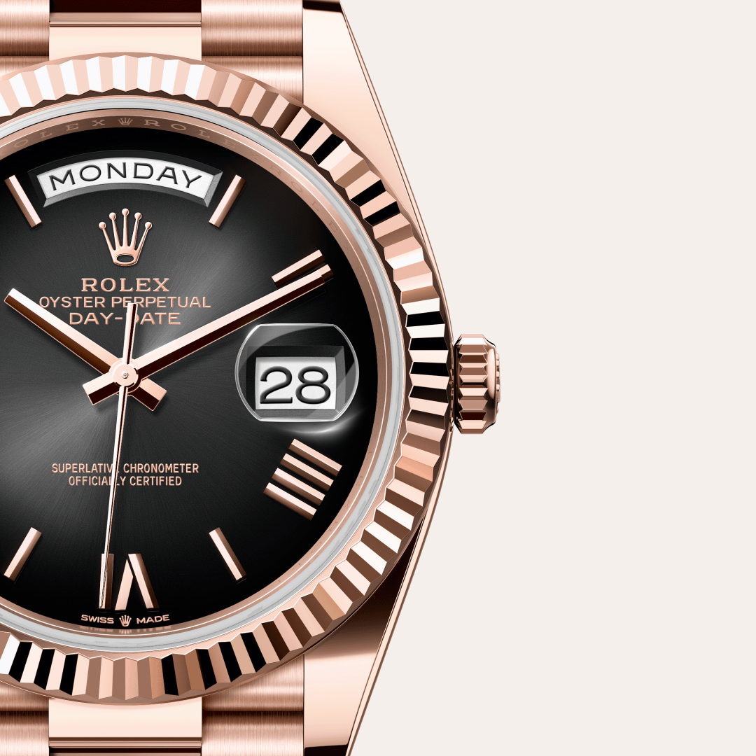 rolex day-date in 18 ct everose gold, m228235-0055 - watch dial - ben bridge