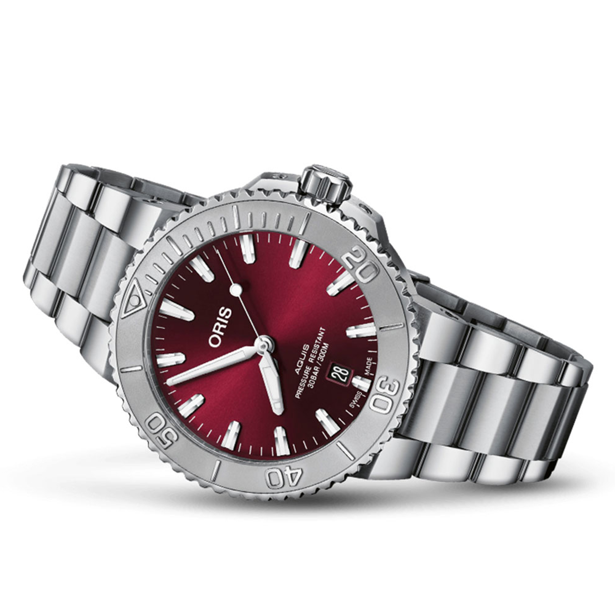 Oris Aquis Date Relief Watch Cherry Red Dial Steel Bracelet, 41.5mm