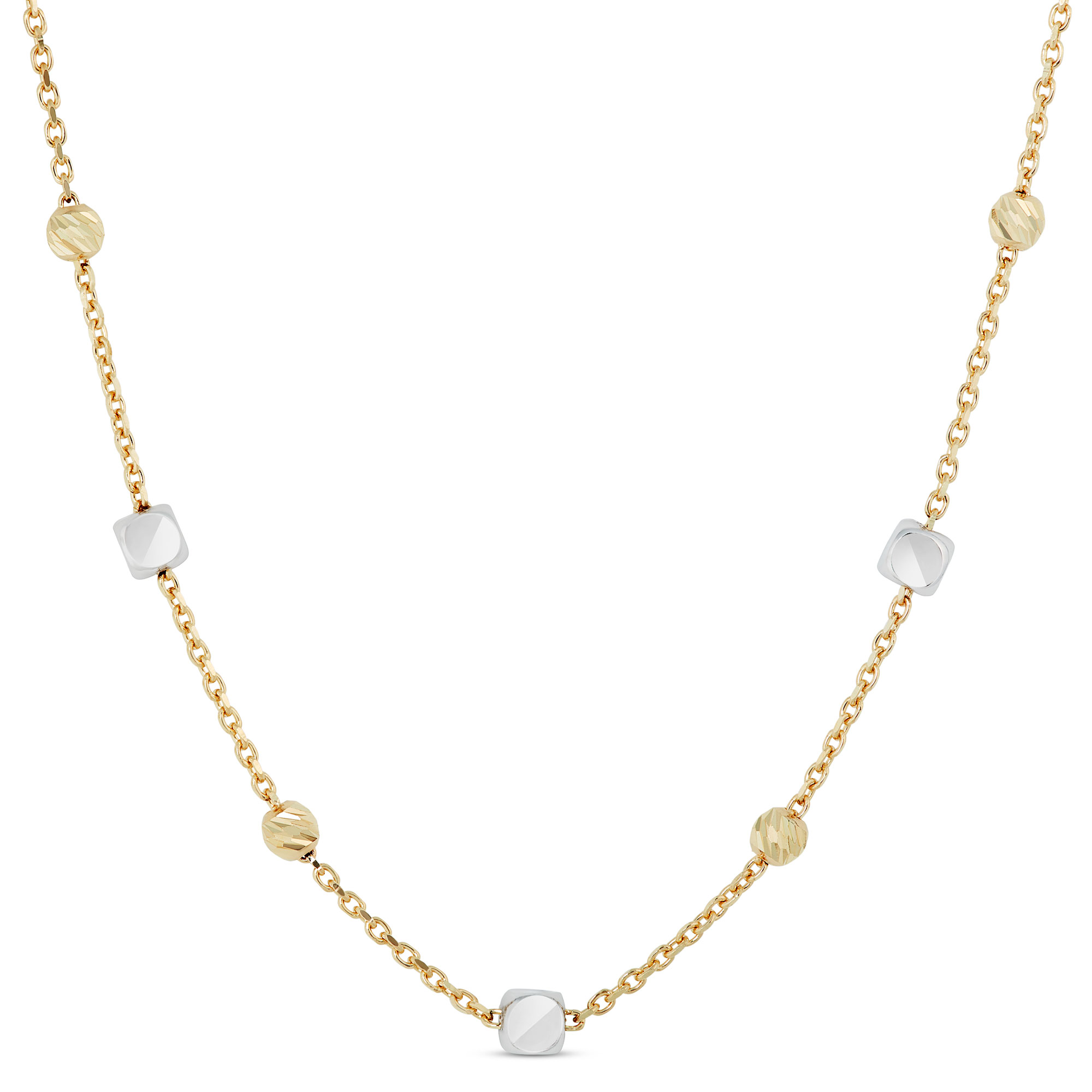 18-Inch Cube and Round Bead Station Necklace, 14K Yellow Gold