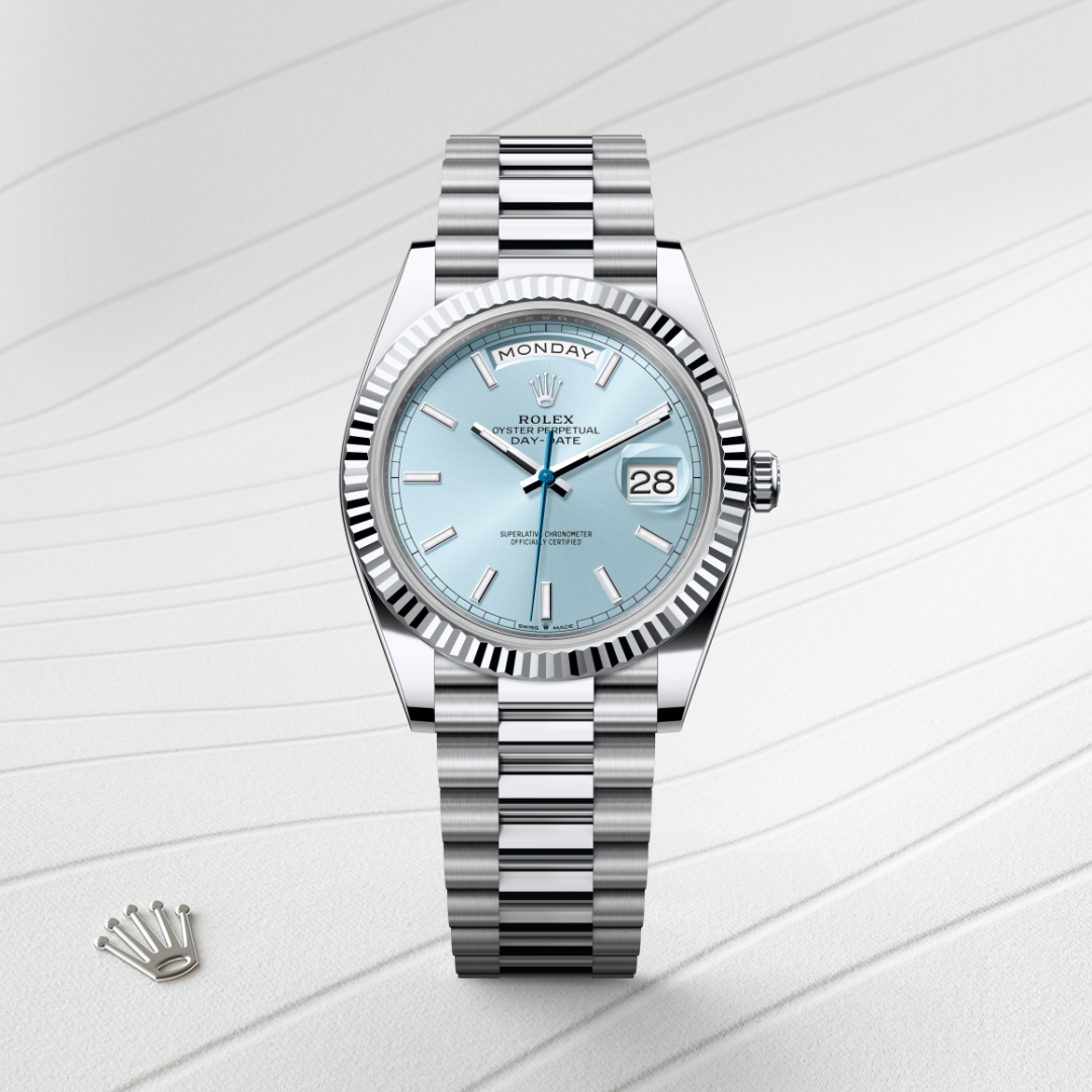 rolex day-date in platinum, m228236-0018 - watch with background color - ben bridge