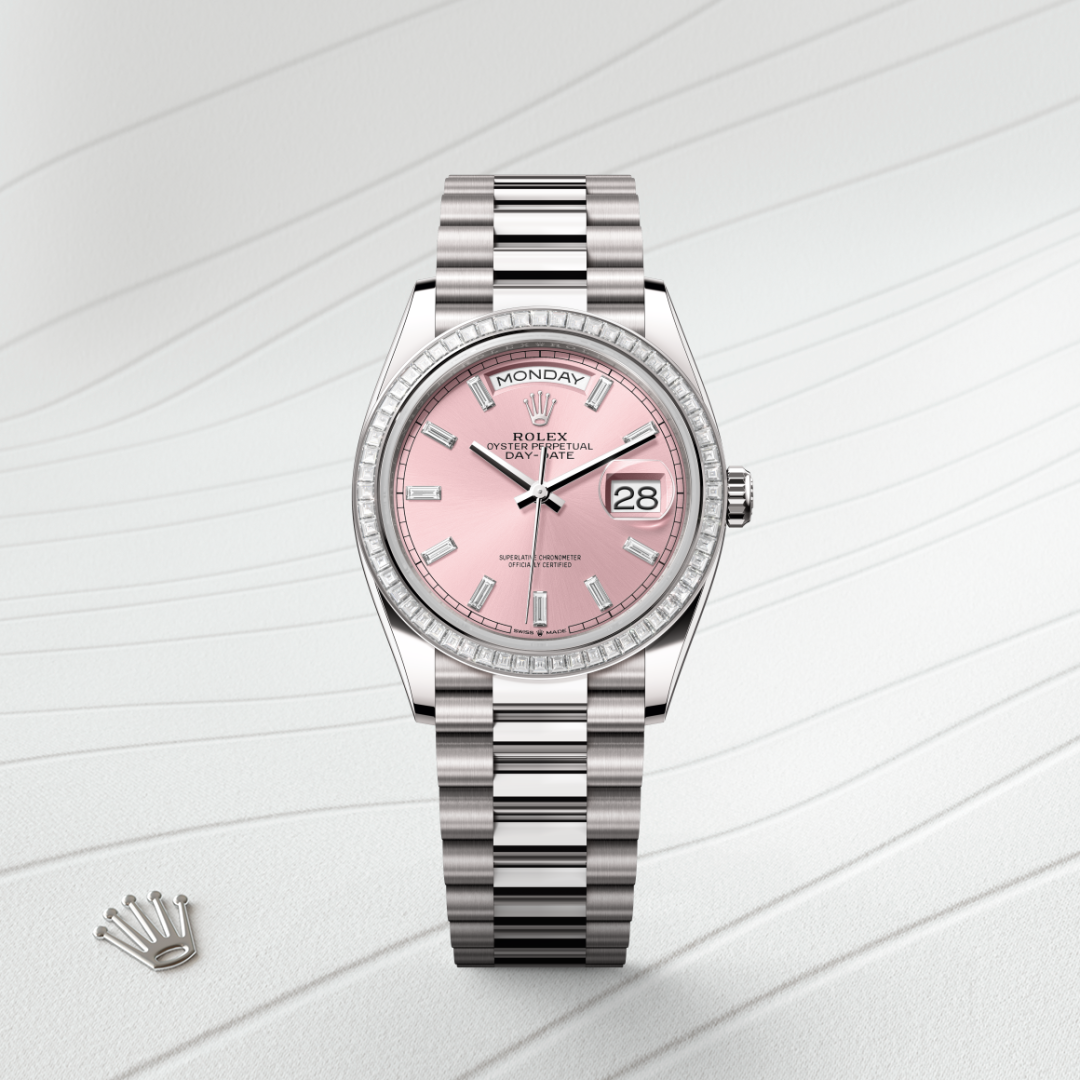 rolex day-date in 18 ct white gold, m128399tbr-0029 - watch with background color - ben bridge