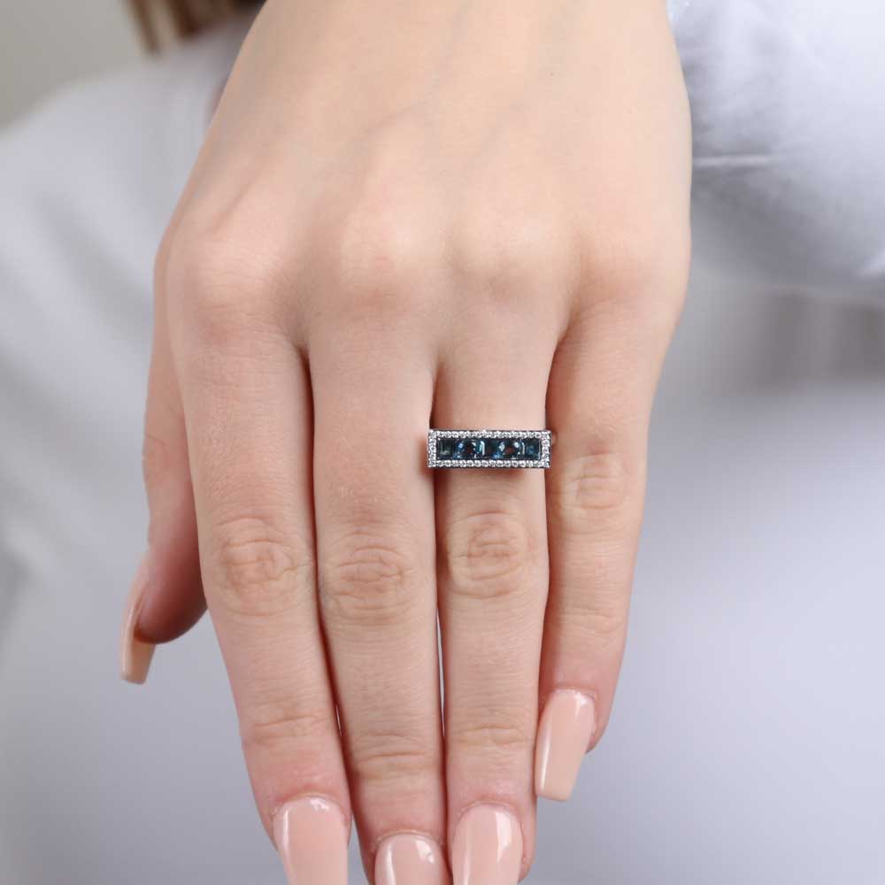 Blue Topaz & Diamond Rectangle Ring 14K