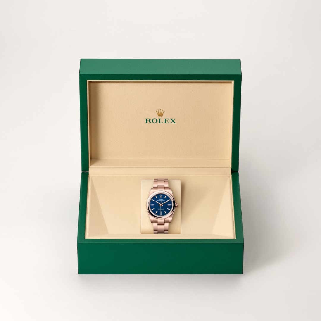 rolex oyster perpetual in 18 ct everose gold, m124205-0002 - in rolex box - ben bridge