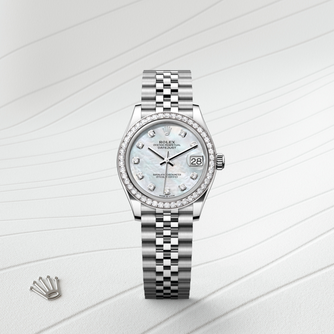 rolex datejust in white rolesor - combination of oystersteel and white gold, m278384rbr-0008 - watch with background color - ben bridge