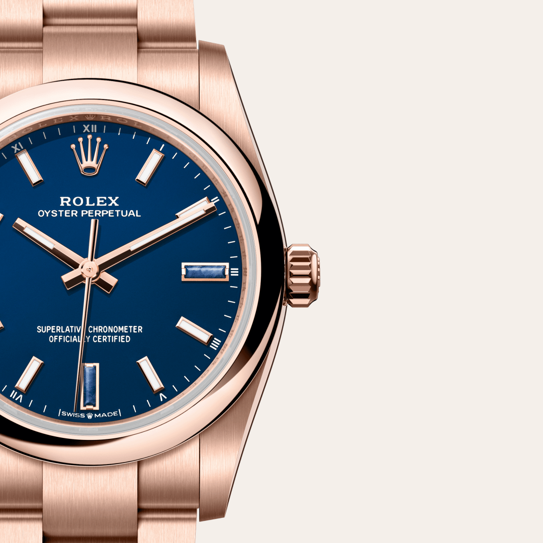 rolex oyster perpetual in 18 ct everose gold, m124205-0002 - watch dial - ben bridge