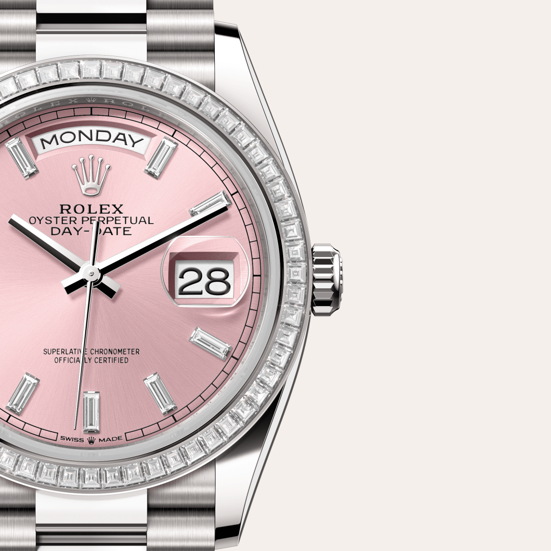 rolex day-date in 18 ct white gold, m128399tbr-0029 - watch dial - ben bridge