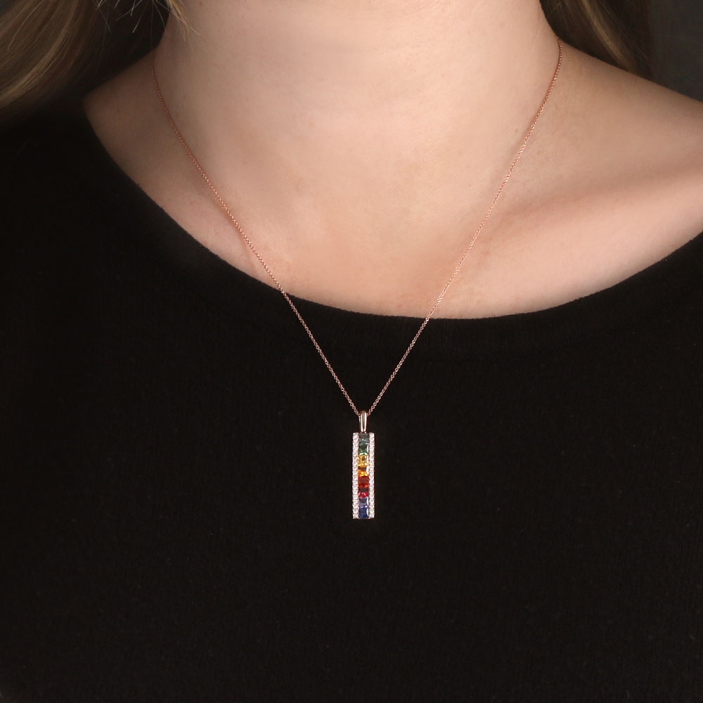 Rose Gold Rainbow Sapphire & Diamond Bar Necklace 14K