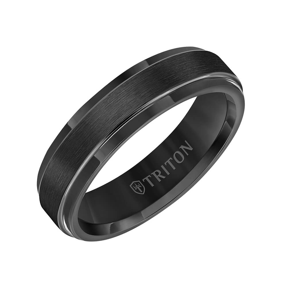 6mm Triton Black Tungsten Carbide Satin Finish Center Step Bevel Edge Band Ring 