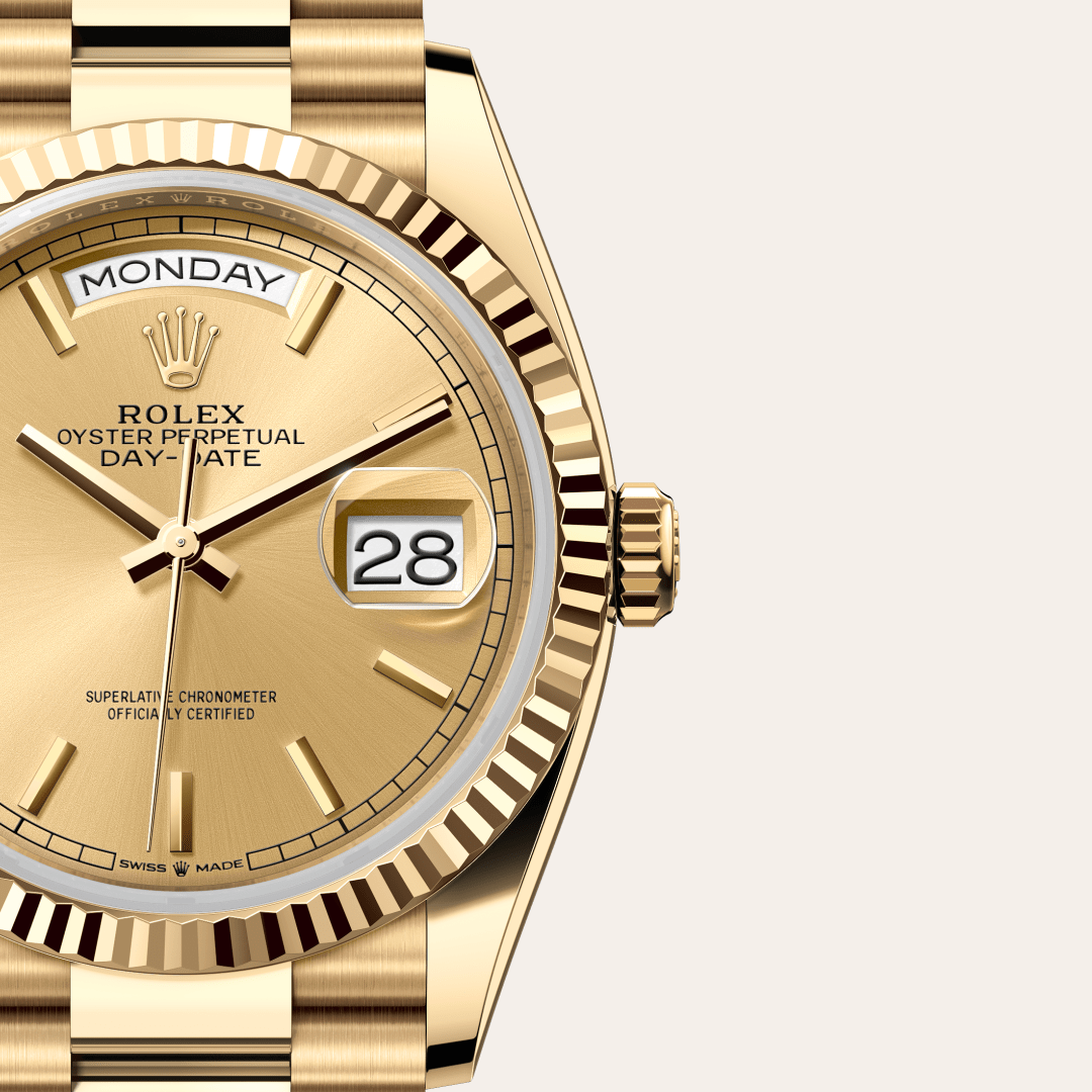 rolex day-date in 18 ct yellow gold, m128238-0045 - watch dial - ben bridge