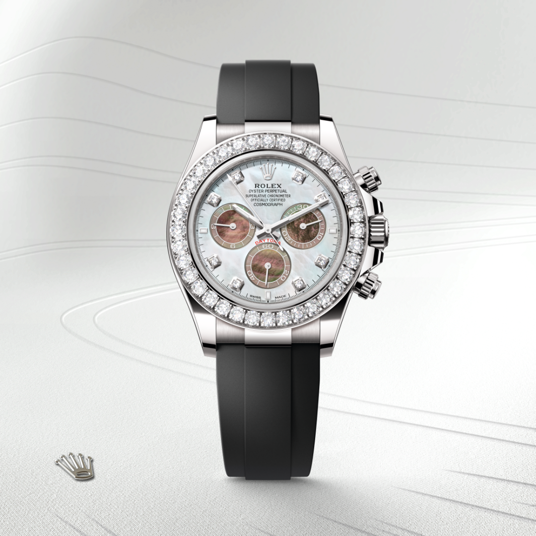 rolex cosmograph daytona in 18 ct white gold, m126589rbr-0001 - watch with background color - ben bridge