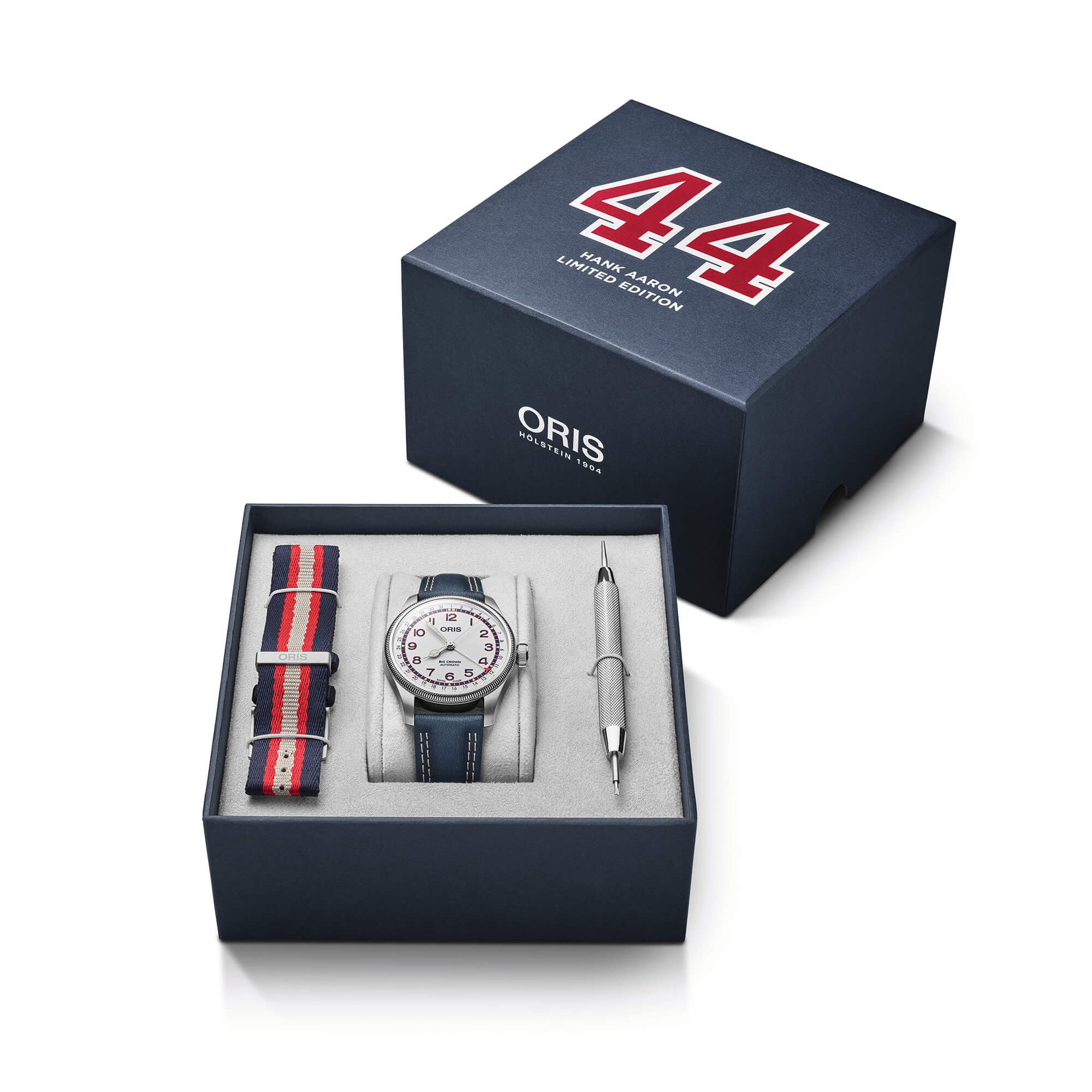 Oris Hank Aaron Limited Edition Watch White Dial Blue Leather Strap, 40mm