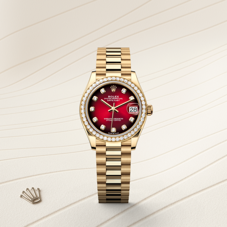 rolex datejust in 18 ct yellow gold, m278288rbr-0041 - watch with background color - ben bridge