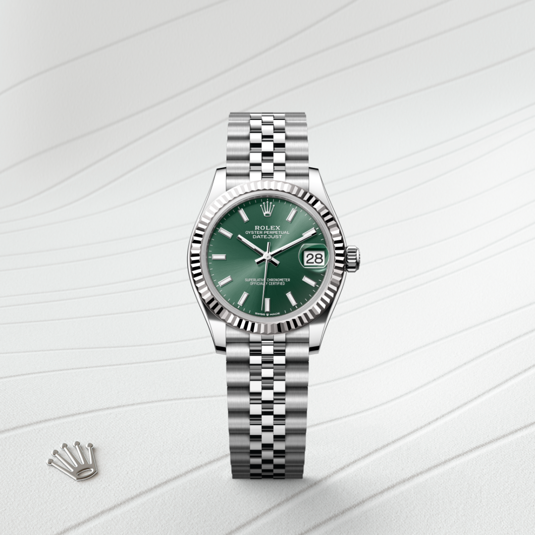 rolex datejust in white rolesor - combination of oystersteel and white gold, m278274-0018 - watch with background color - ben bridge