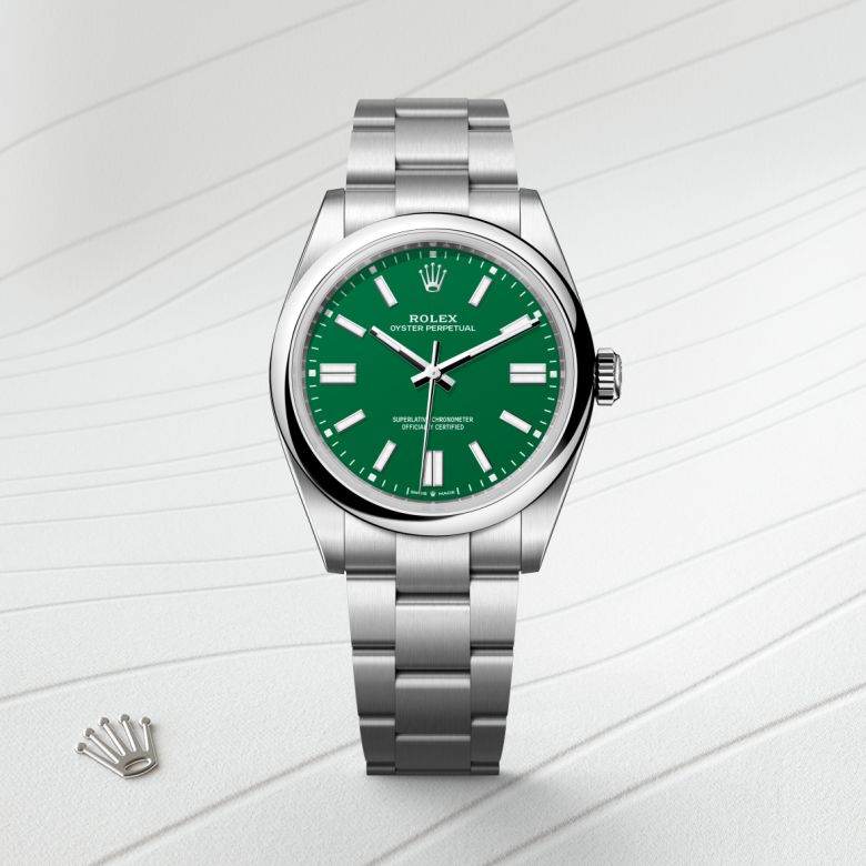 rolex oyster perpetual in oystersteel, m134300-0004 - watch with background color - ben bridge