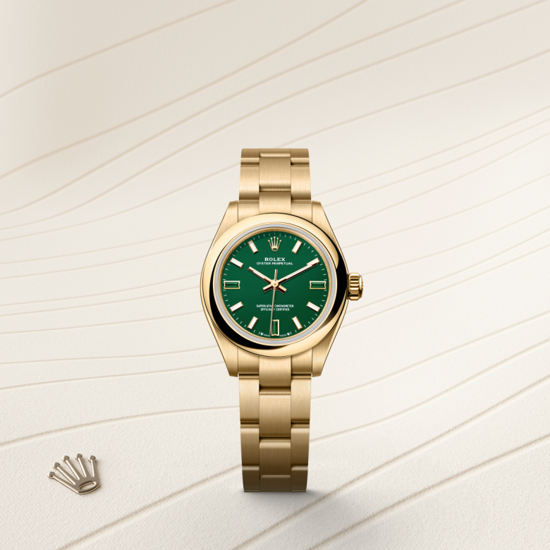 rolex oyster perpetual in 18 ct yellow gold, m276208-0002 - watch with background color - ben bridge