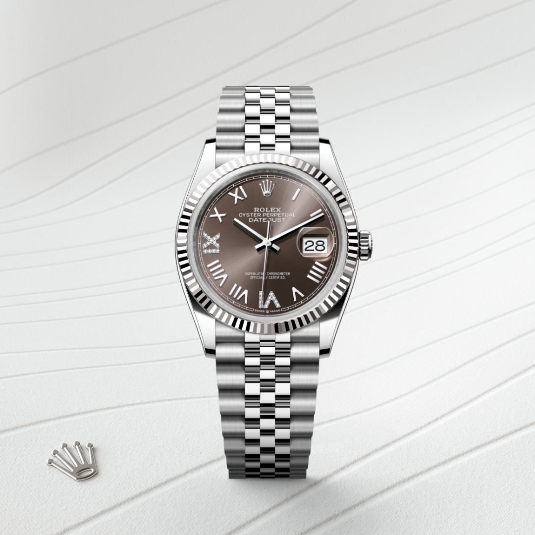 rolex datejust in white rolesor - combination of oystersteel and white gold, m126234-0071 - watch with background color - ben bridge