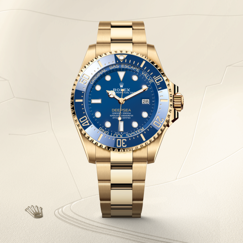 rolex deepsea in 18 ct yellow gold, m136668lb-0001 - watch with background color - ben bridge