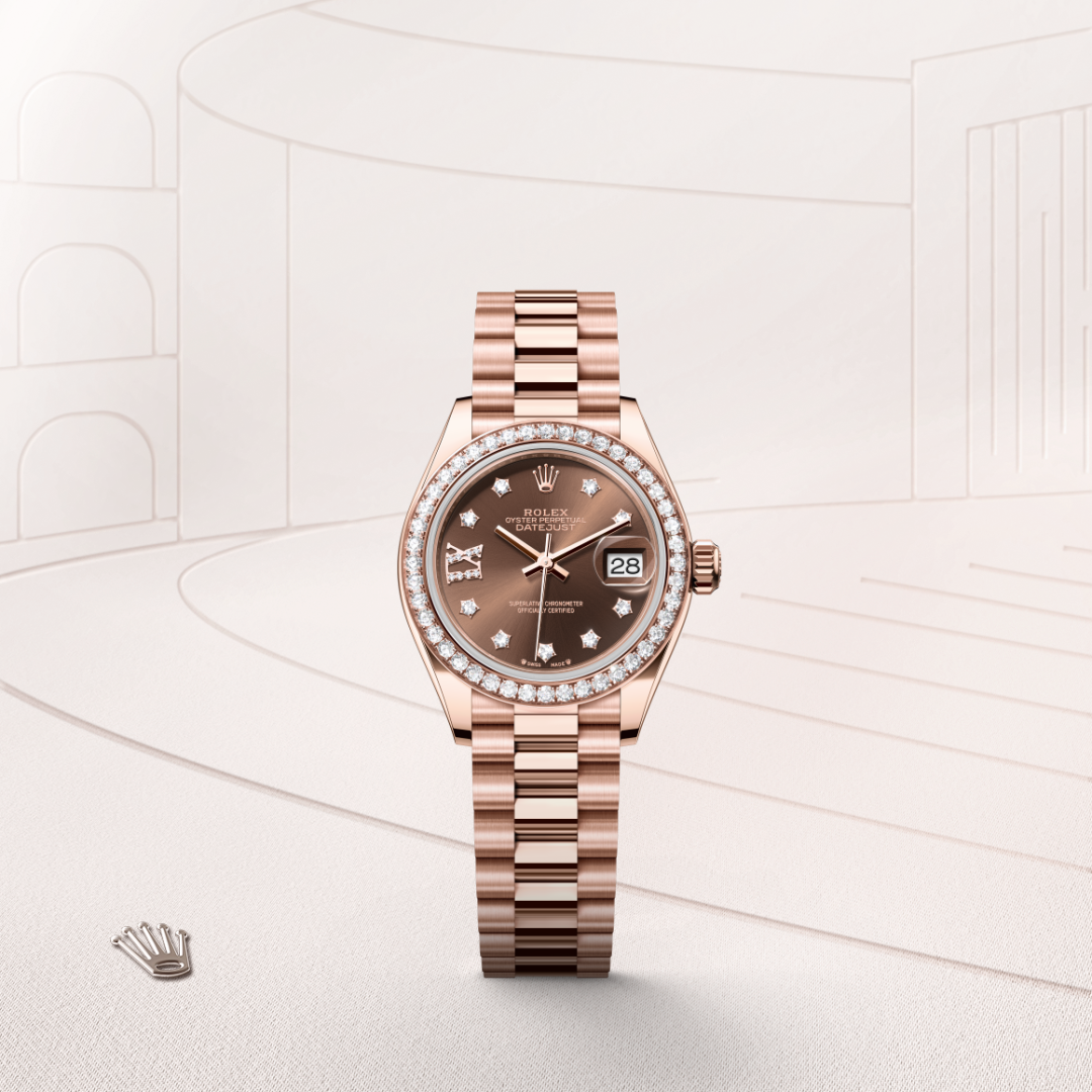 rolex lady-datejust in 18 ct everose gold, m279135rbr-0001 - watch with background color - ben bridge