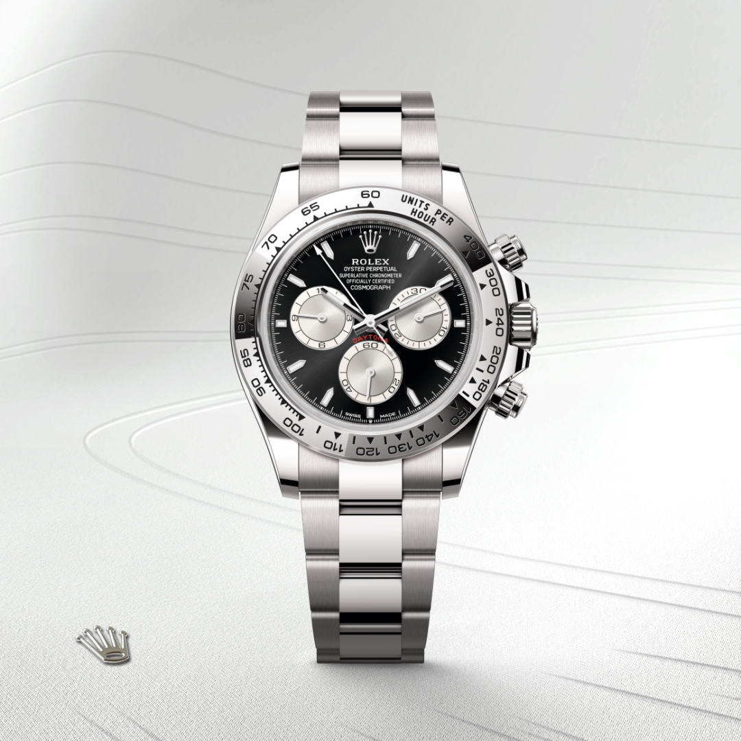 rolex cosmograph daytona in 18 ct white gold, m126509-0001 - watch with background color - ben bridge