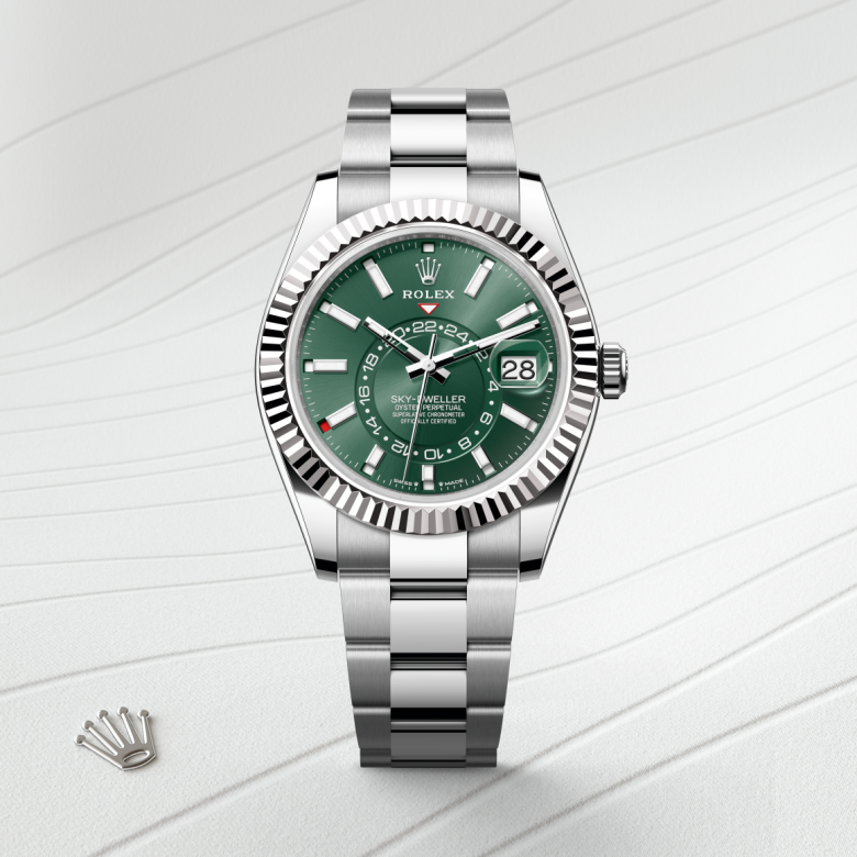 rolex sky-dweller in white rolesor - combination of oystersteel and white gold, m336934-0001 - watch with background color - ben bridge