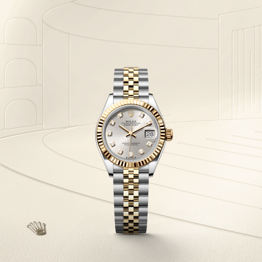rolex lady-datejust in yellow rolesor - combination of oystersteel and yellow gold, m279173-0007 - watch with background color - ben bridge