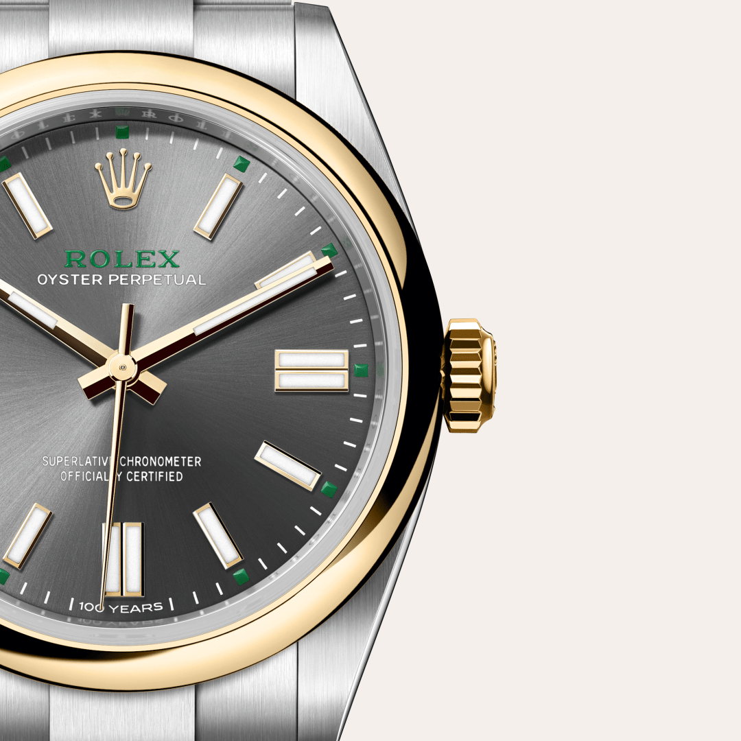 rolex oyster perpetual in yellow rolesor - combination of oystersteel and yellow gold, m134303-0001 - watch dial - ben bridge