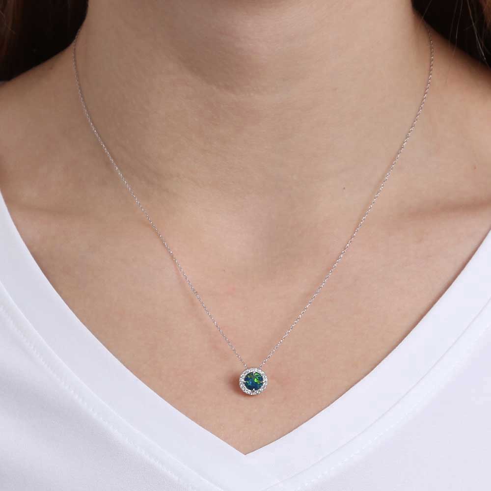 Round Opal Doublet & Diamond Necklace 14K