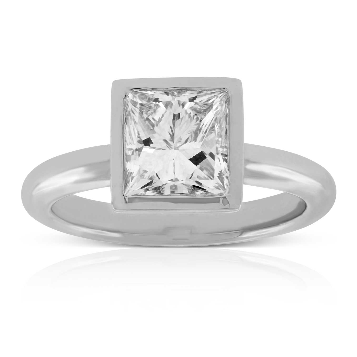 Bezel Set Princess Cut Diamond Ring in Platinum, 2.14 ct. Center Ben