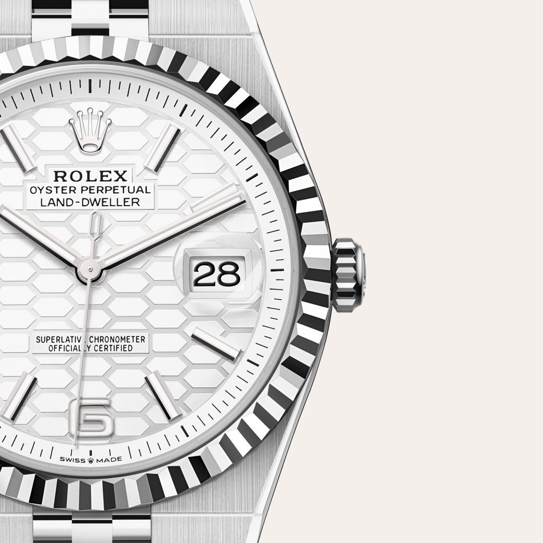 rolex land-dweller in white rolesor - combination of oystersteel and white gold, m127334-0001 - watch dial - ben bridge