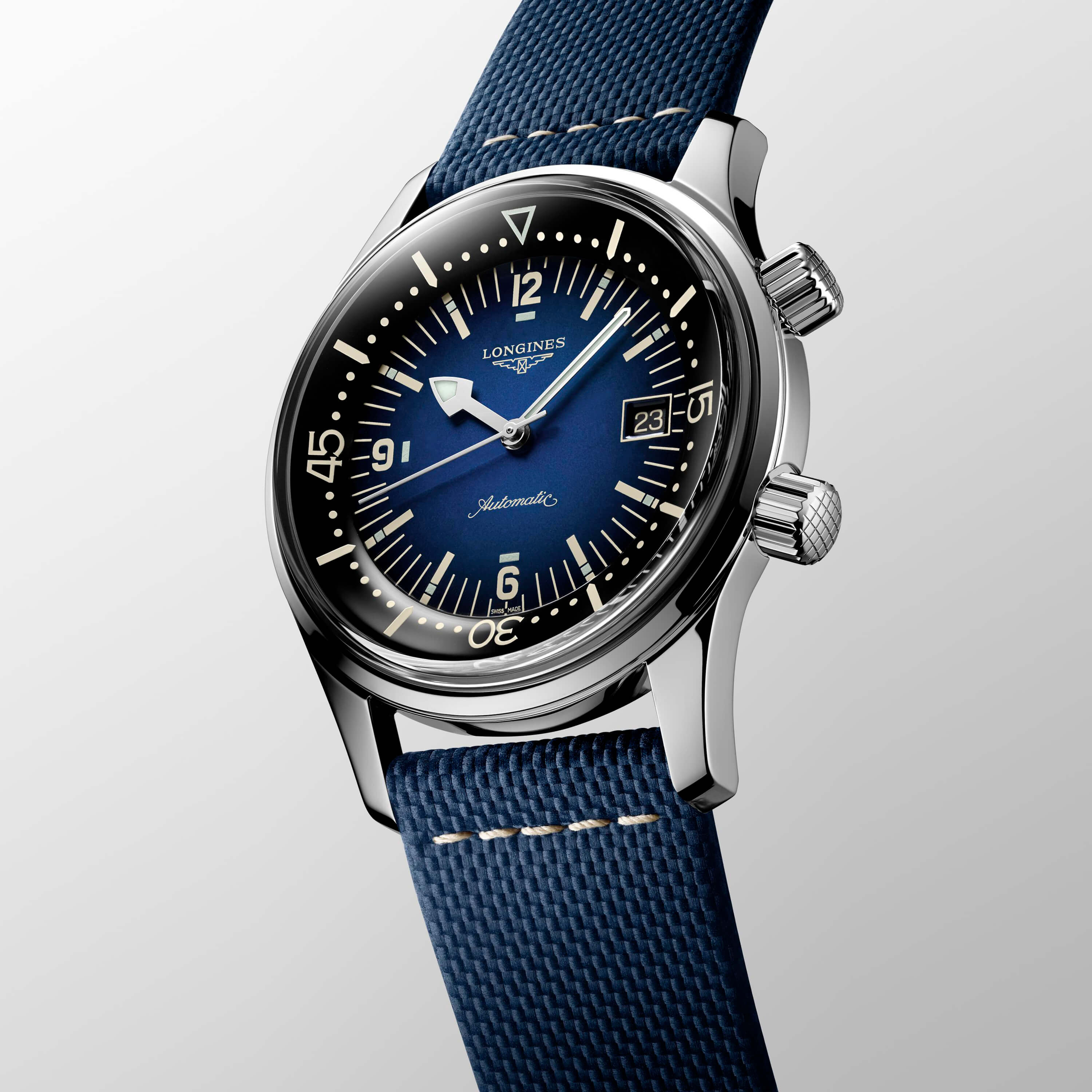 Longines Legend Diver Watch Two-Tone Dial Blue Leather Strap, 42mm