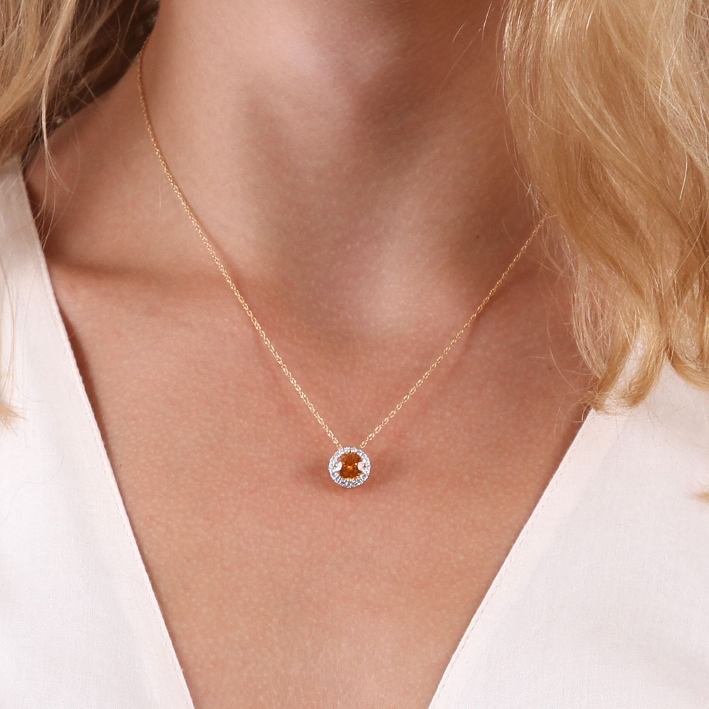 Spessartite Garnet & Diamond Halo Pendant 14K