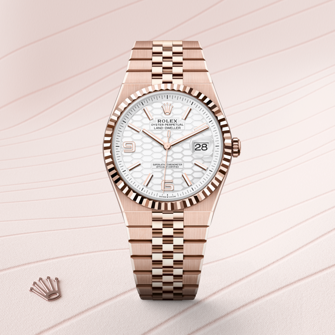 rolex land-dweller in 18 ct everose gold, m127335-0001 - watch with background color - ben bridge