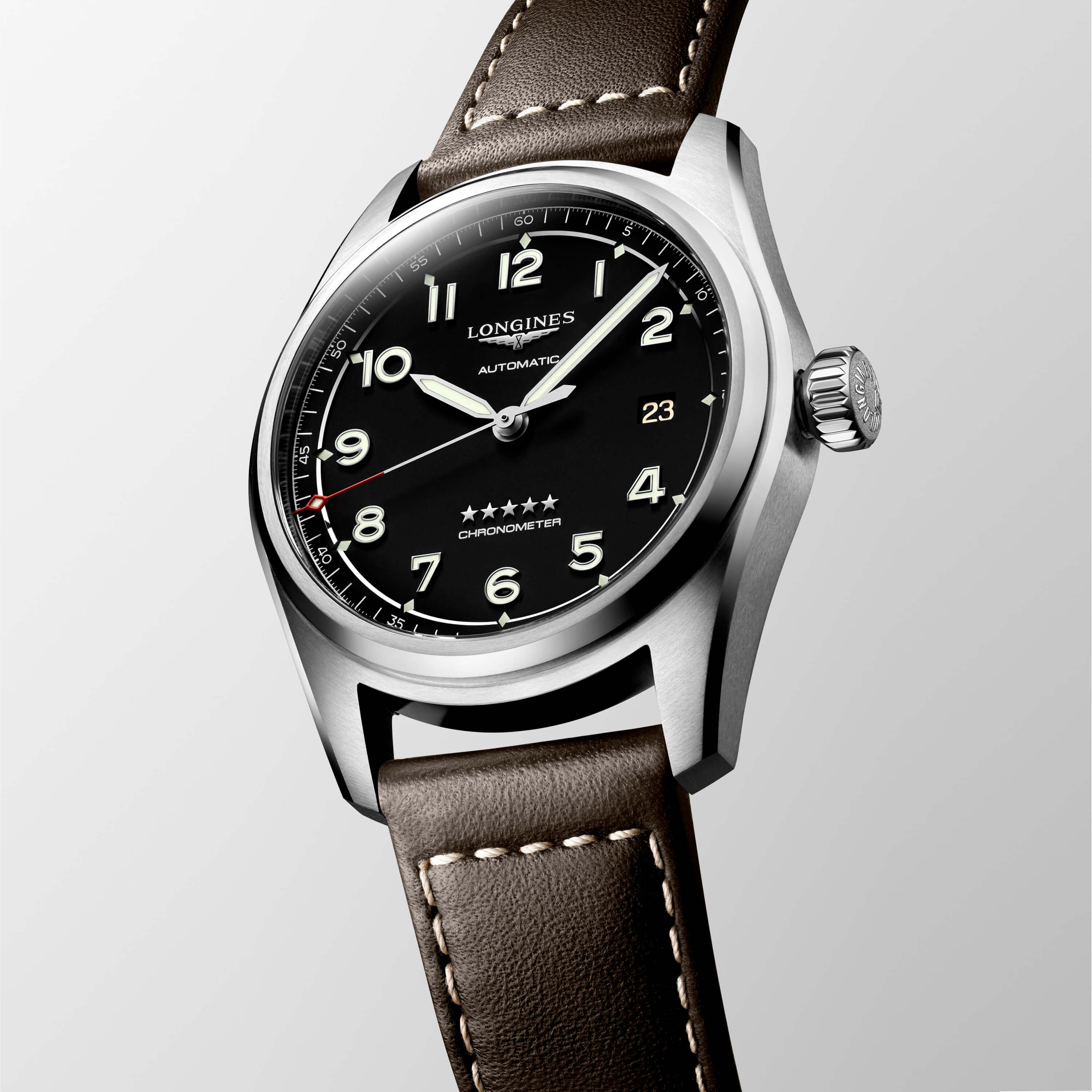 Longines Spirit Chronometer Watch Black Dial Brown Leather Strap, 40mm