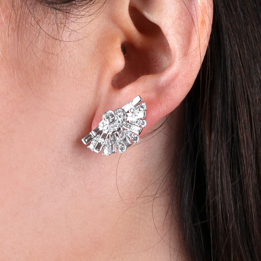 Fancy Cut Diamond Fan Earrings, 14K White Gold