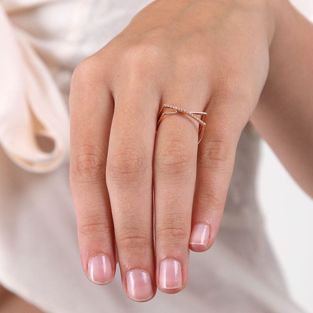 Rose Gold Diamond Crossover Ring 14K, Size 7