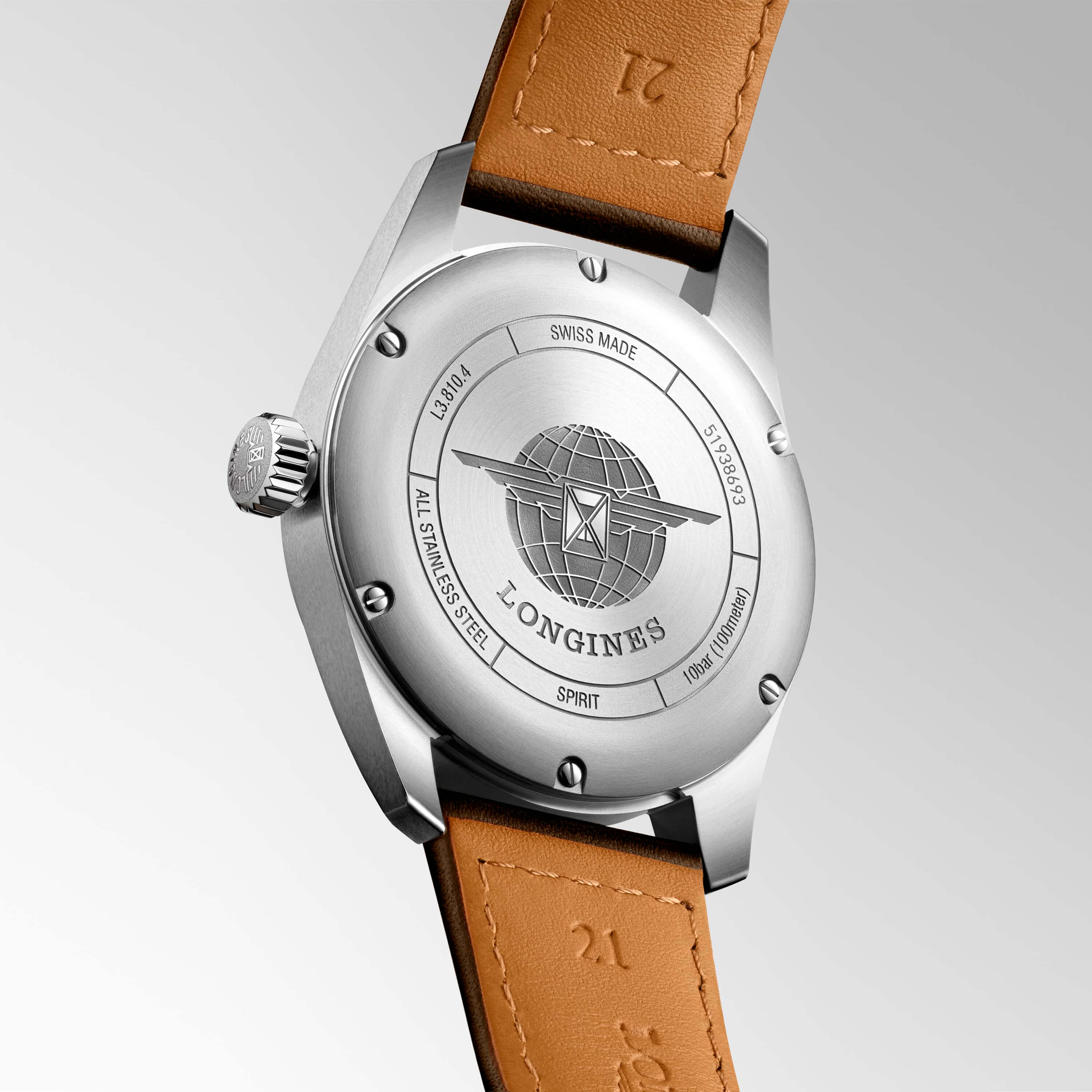 Longines Spirit Chronometer Watch Black Dial Brown Leather Strap, 40mm
