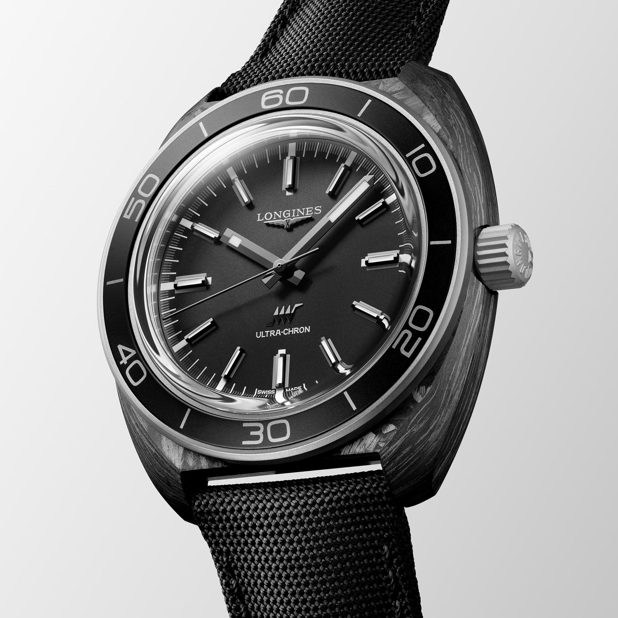 Longines Ultra Chron Carbon Black Dial Watch, 43mm
