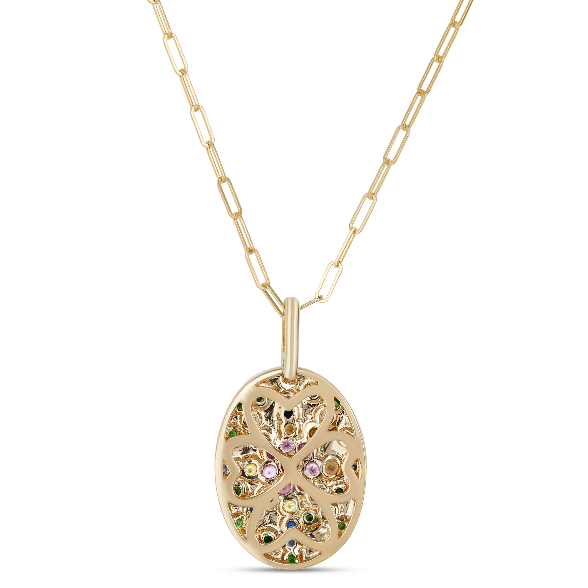 Oval Shaped Confetti Gemstone Pendant, 14K Yellow Gold