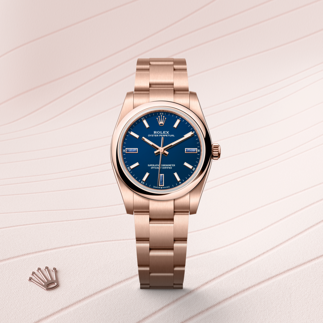 rolex oyster perpetual in 18 ct everose gold, m124205-0002 - watch with background color - ben bridge