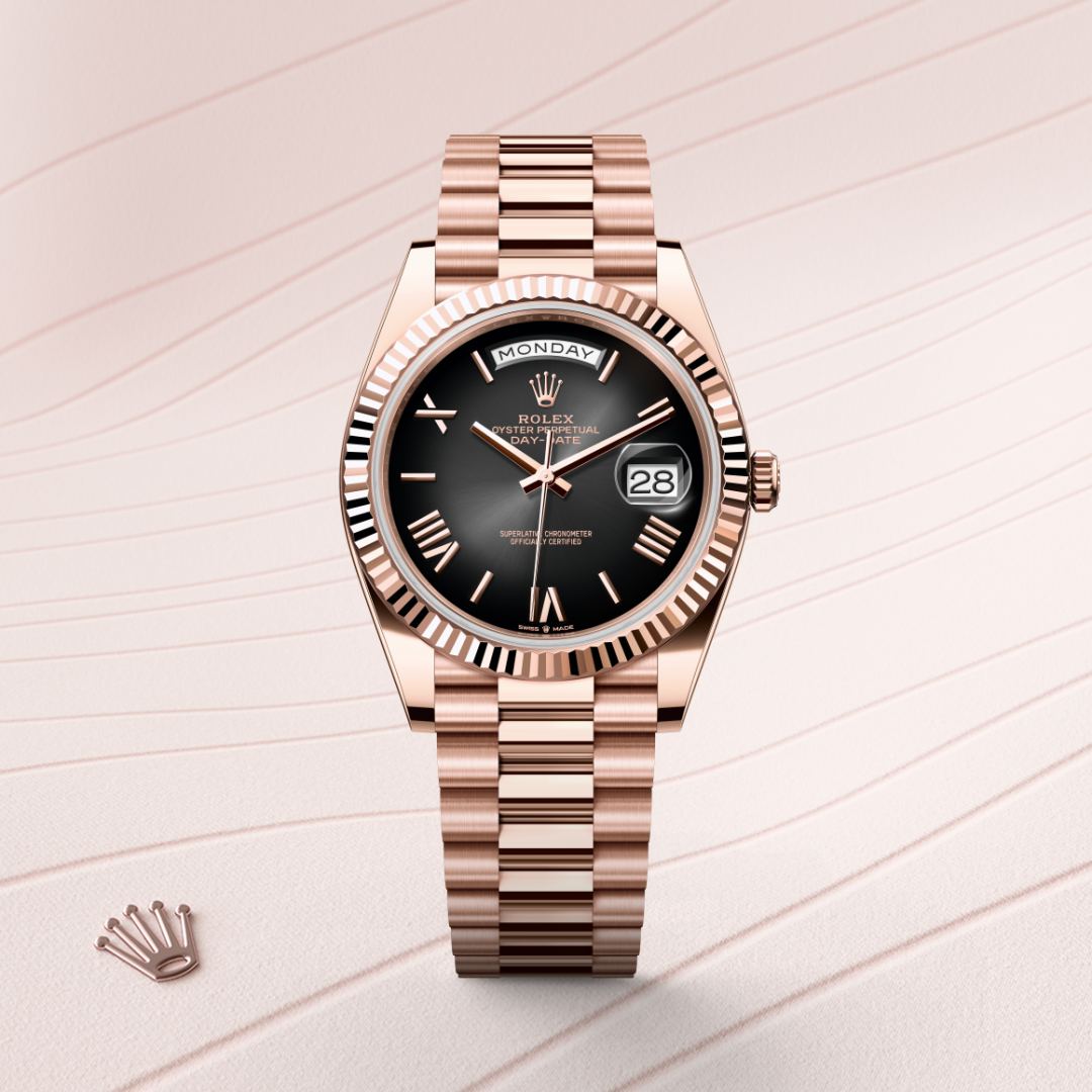 rolex day-date in 18 ct everose gold, m228235-0055 - watch with background color - ben bridge