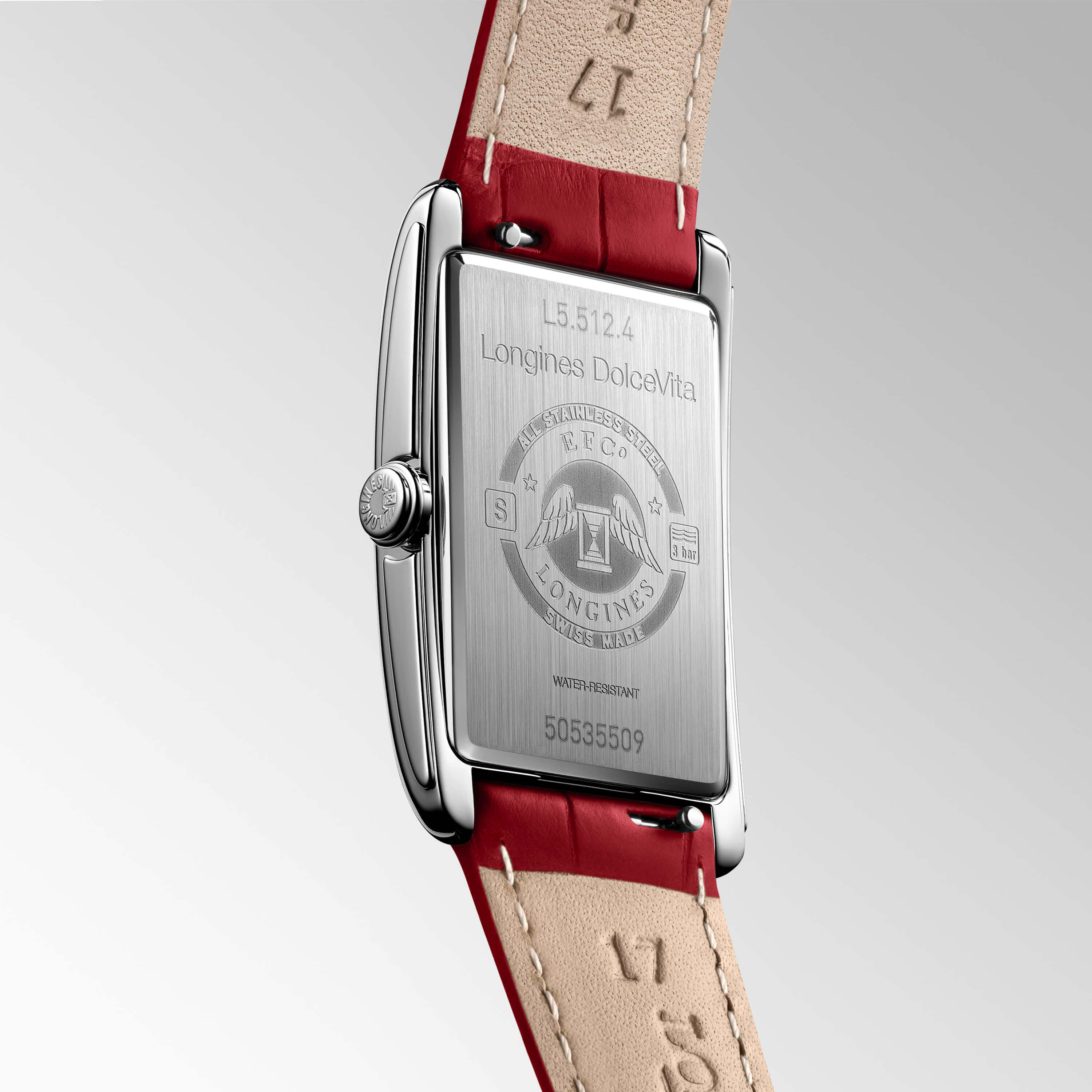 Longines DolceVita Watch Rectangle Red Dial Red Leather Strap, 23mm