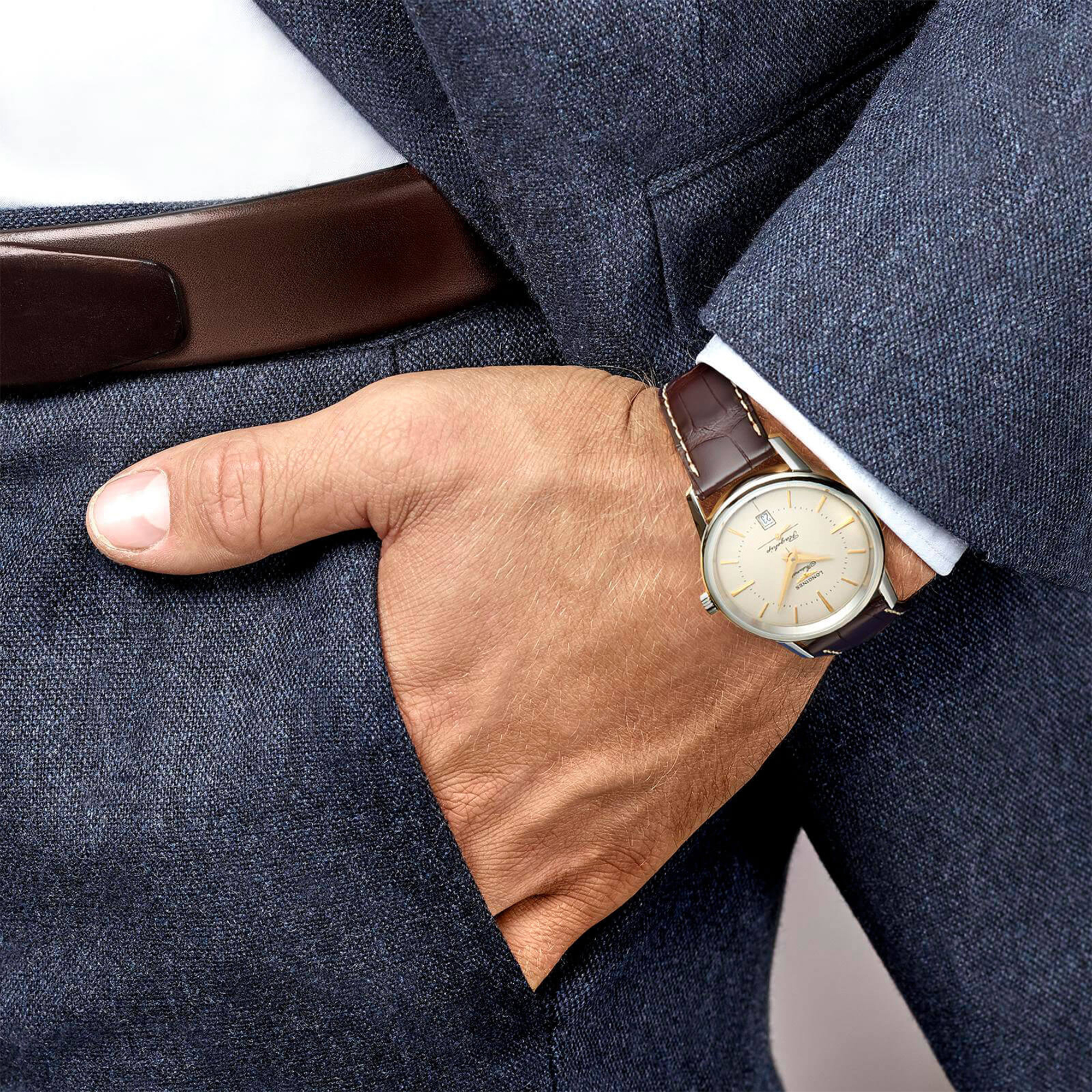 Longines Flagship Heritage Silver Alligator Automatic Watch, 38mm